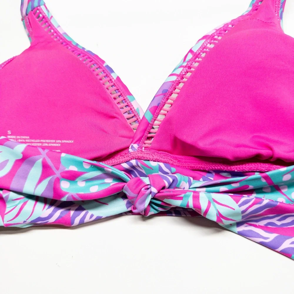 Sol Borne Womens Bikini Top Small Pink Tropical Leaf Zebra Print Halter Tie Back